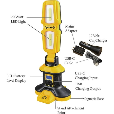 LED Up to 3000 Lumens Work Light, Rotating Hand Held, 20 Watt Rechargeable, 4.4 Ah Battery, Cordless Portable, Water Resistant, Strong Magnetic Base Job Site Lighting by RENR, Yellow and Black