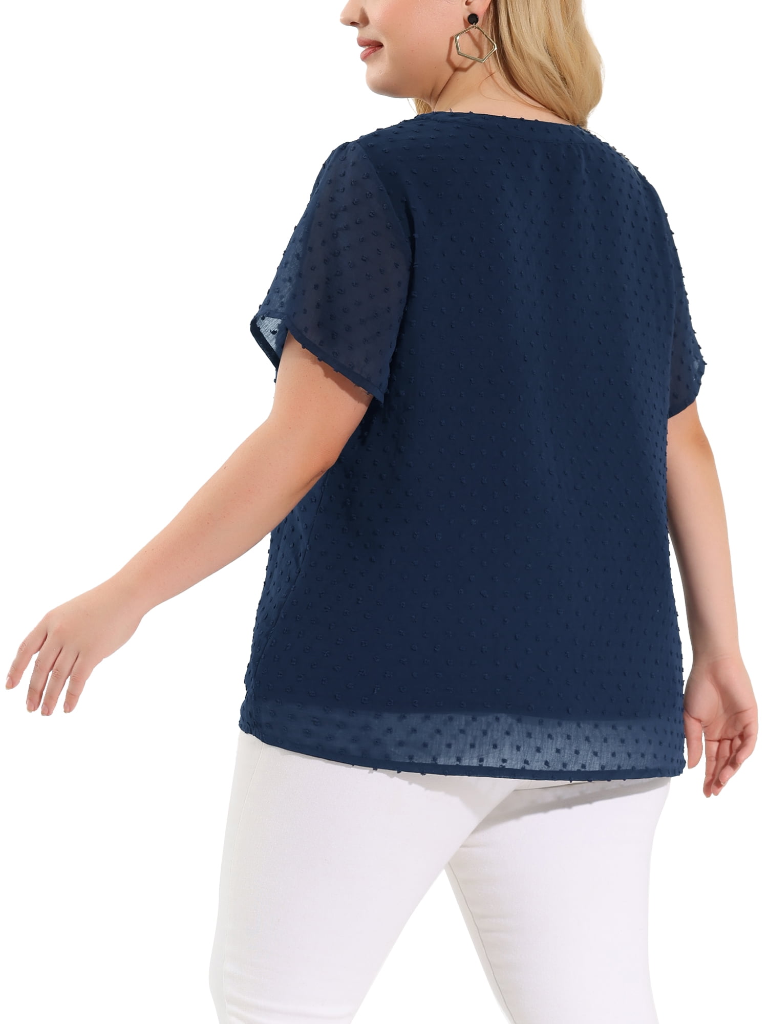 Unique Bargains Women's Plus Size Outfits Fashion Solid Pin Dots V Neck Top 3X Navy Blue