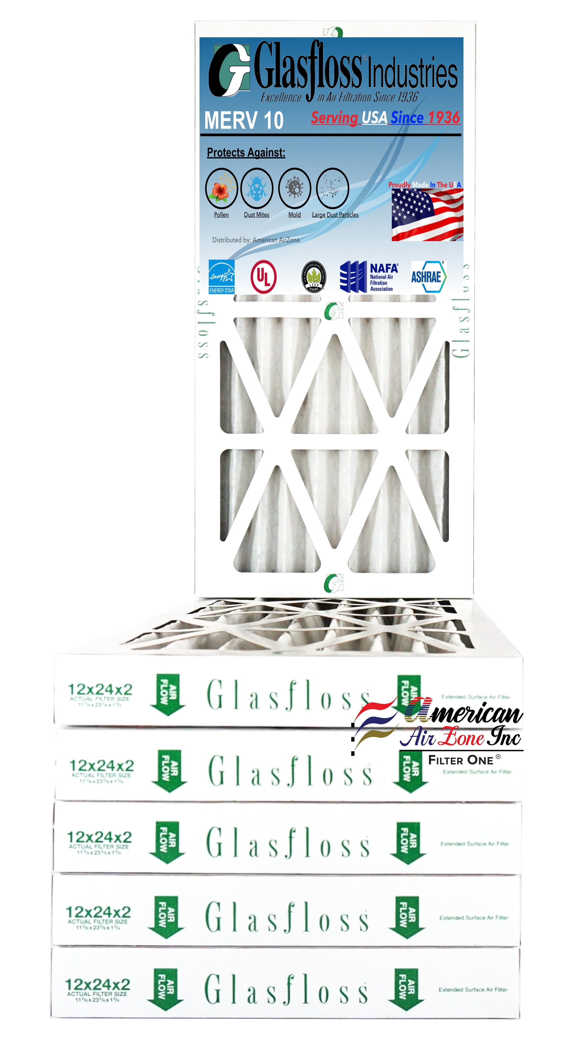 Glasfloss Air Filter 12x24x2 2" MERV 10 (Pack of 6) Pleated AC or