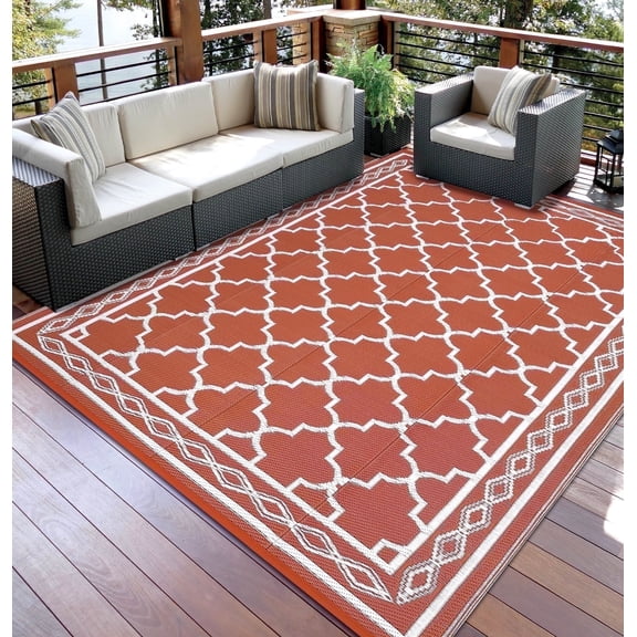 Garvee Outdoor Rug 8x10ft Waterproof for Patios, Reversible Plastic Straw Rug Camping Carpet Mats for RV, Picnic, Backyard, Deck, Balcony, Porch, Beach, Orange & White