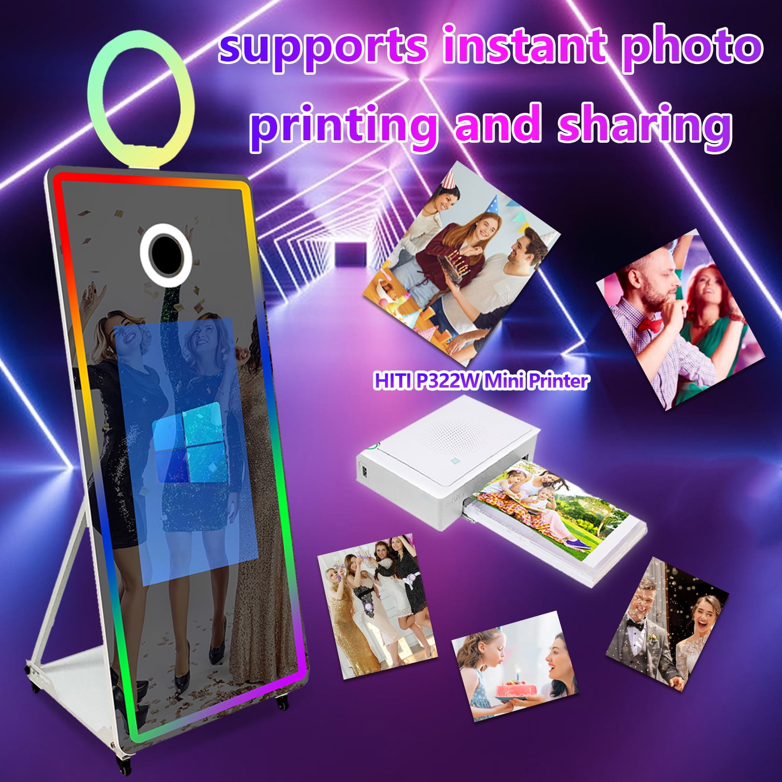WideMeet 65''Portable Magic Mirror Photo Booth 32''Touch Screen with RGB Light Selfie Machine for Party