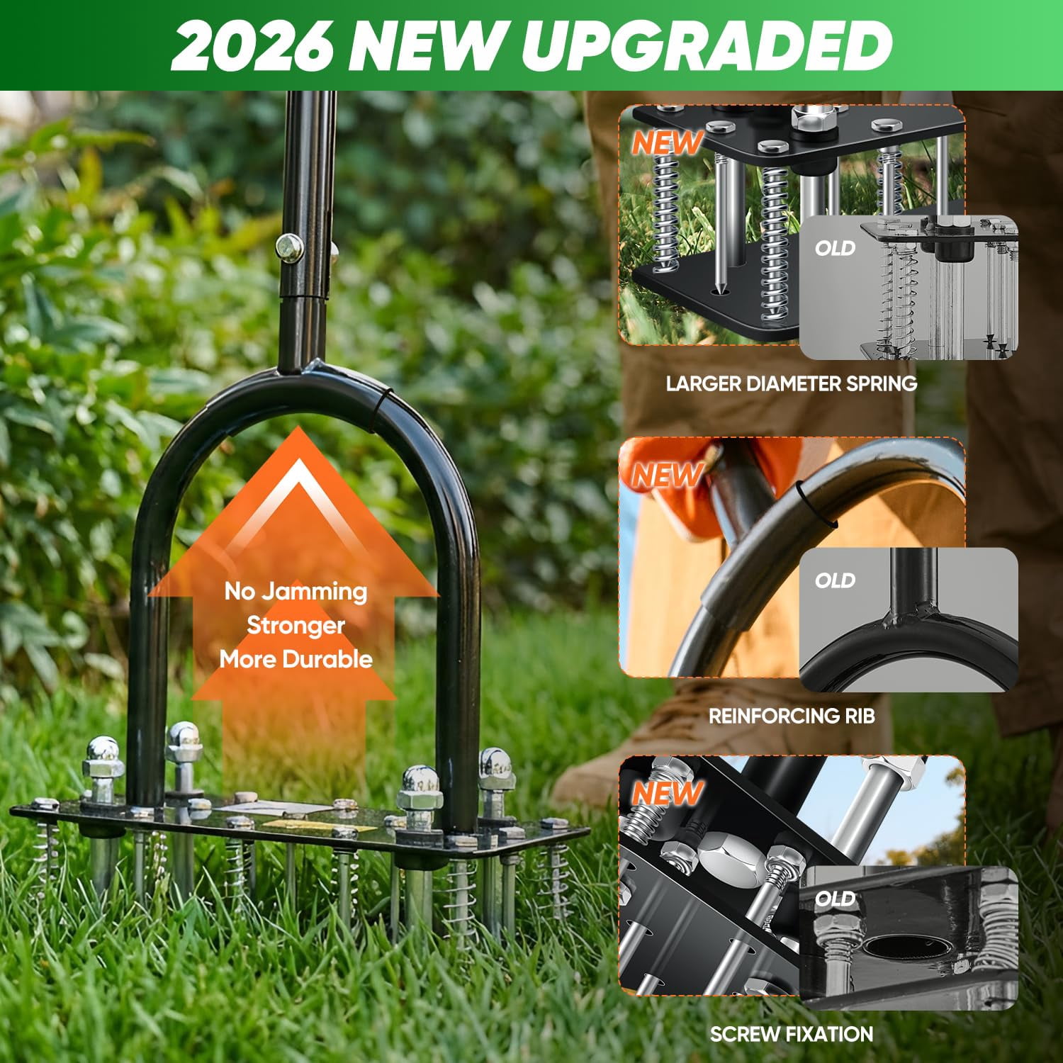 Manual Lawn Aerator Tool With 15 Iron Spikes Adjustable Height  Double-layer Spring Heavy-duty Gloves For Loosening Soil Aerating Patio Yard Garden Black