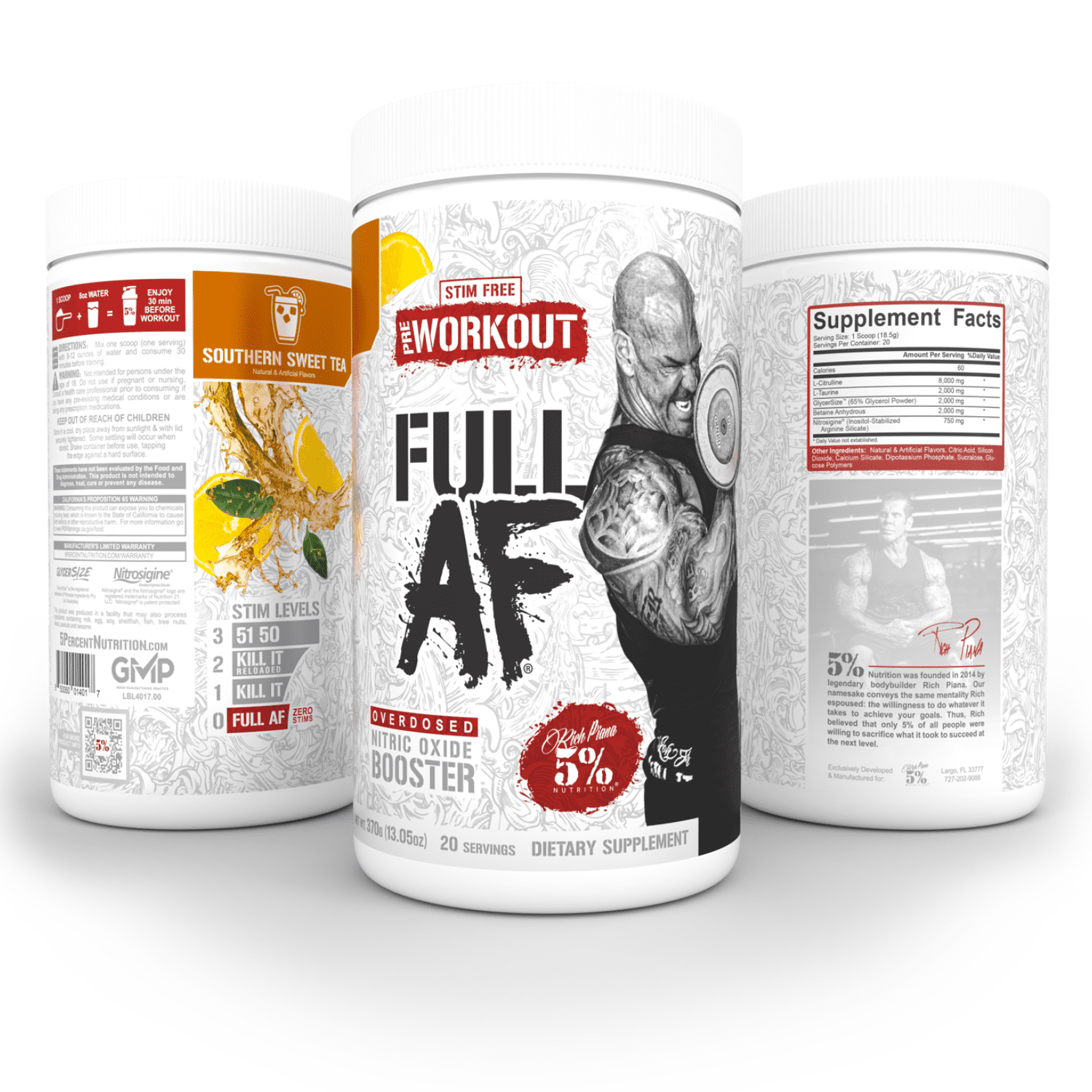 5% Nutrition Full AF Pre-Workout Stim-Free Powder Supplement, Caffeine-Free Max Pumps, 20 Servings (Southern Sweet Tea)