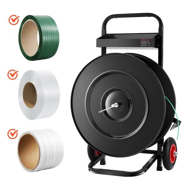 VEVOR Banding Strapping Cart, Fit for PET/PP/Polyester Strapping Coils with 8 or 16 in Core Size, Heavy Duty Strapping Dispenser Equipped with Upgrade Brake System, Built-in Spacious Tray for Tools