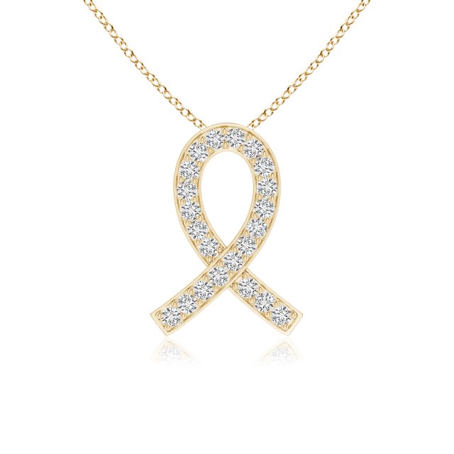 Angara Natural Diamond Necklace - Pave-Set Diamond Awareness Ribbon Pendant in 14K Yellow Gold for Women