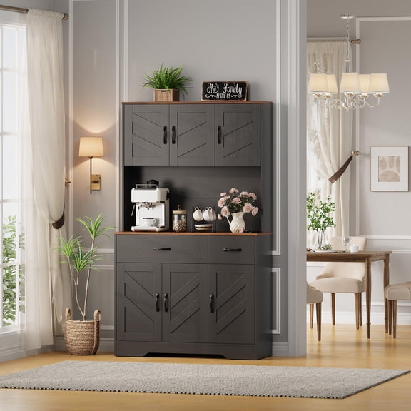71" Pantry Cabinet with Charging Station, Kitchen Pantry Storage Cabinet with Drawer & Large Countertop, Farmhouse Kitchen Hutch with Doors and Shelves for Living Room, Dining Room, Black