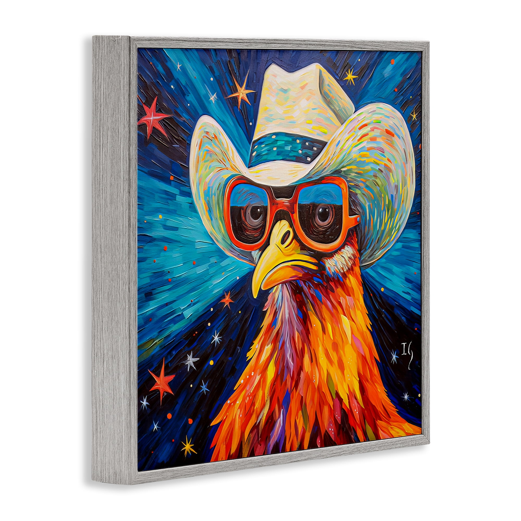 Stupell Industries Cowboy Chicken with Stars Animals & Insects Painting Gray Framed Art Print Wall Art, 12 x 12