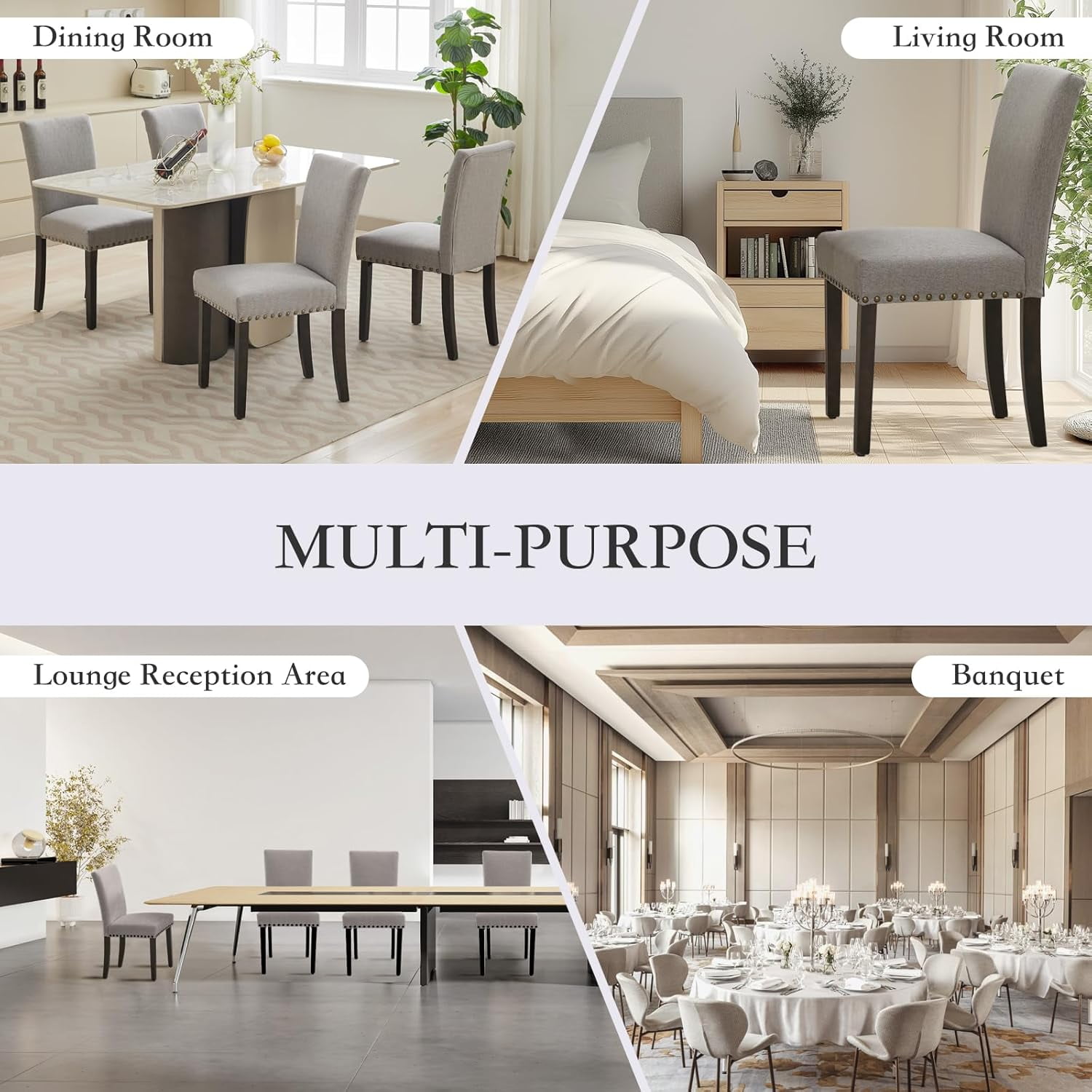 Dining Chair Sets of 2 Upholstered High Back Dining Chair Armless Kitchen Chair Sets Fabric Diner Room Chair with Nailhead Trim/Wood Legs and Padded Cushion Modern Banquet Chairs, Grey