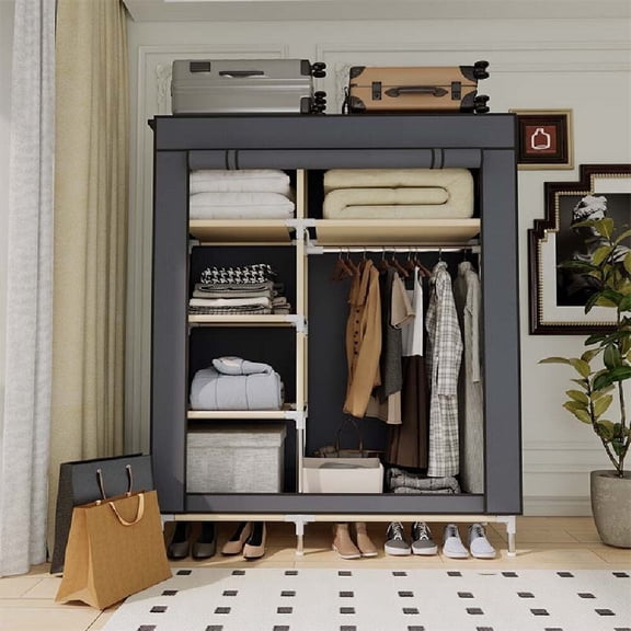 ArluKin Portable Closet Storage Organizer Clothes Wardrobe Shoe Clothing Rack Shelf Dustproof Non-woven Fabric, Quick and Easy to Assemble, Gray