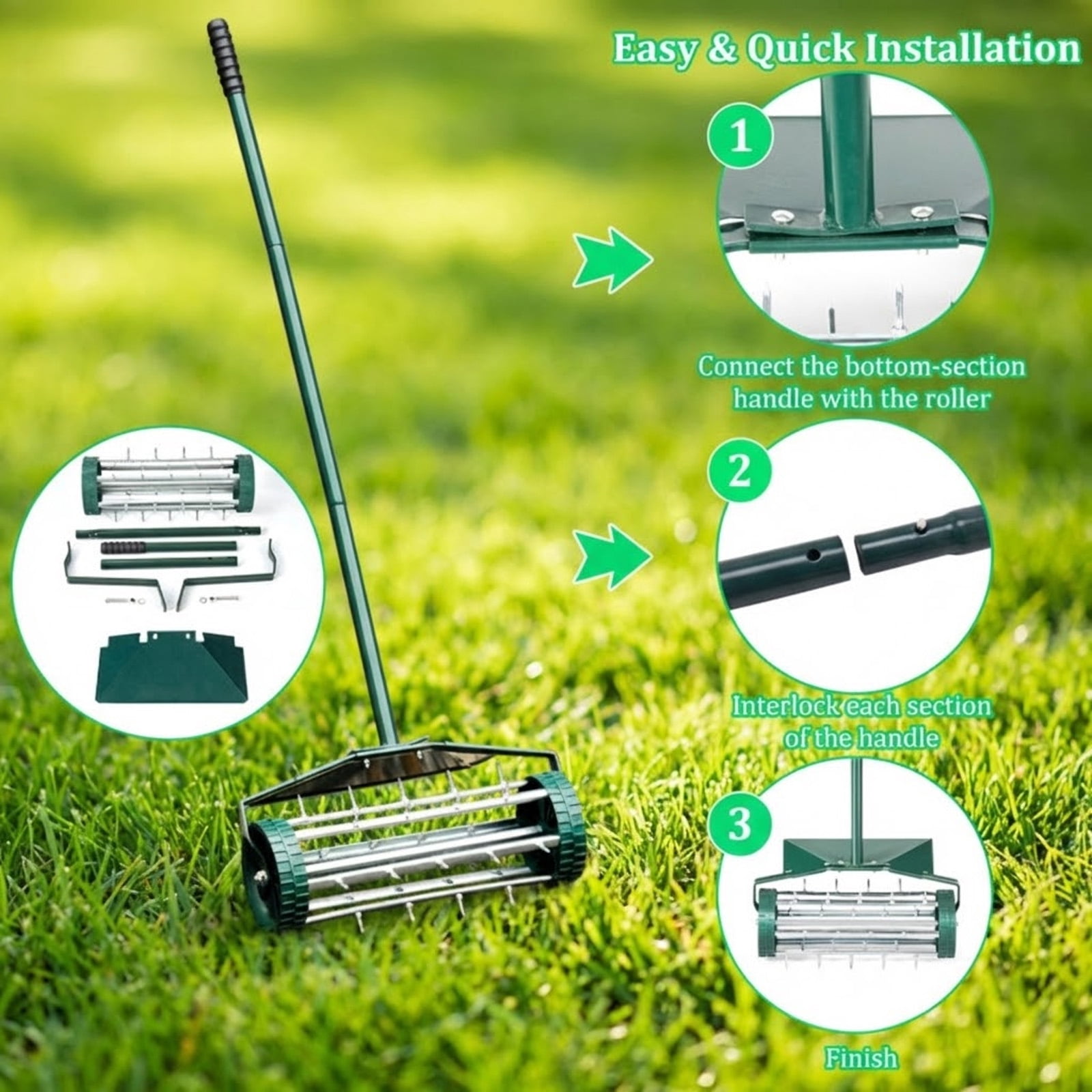 Biotree 18 Inch Rolling Lawn Aerator with Splash-Proof Fender for Garden Dark green, silver - Outdoor Lawn Yard Garden Care Tool