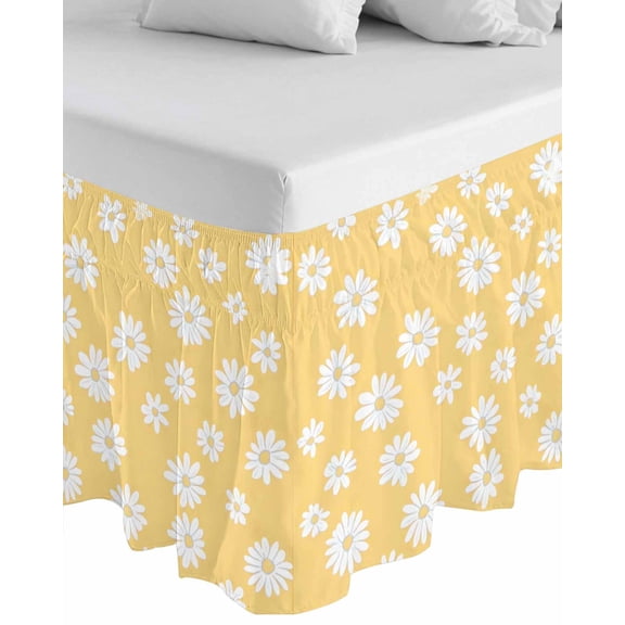 White Yellow Daisy Wrap Around Bed Skirts for Queen Bed 18" Drop,Bed Skirt with Adjustable Elastic Belt Dust Ruffle Bed Valance for Bedroom Hotel Luxury Spring Summer Floral Botanical Bed Frame Cover