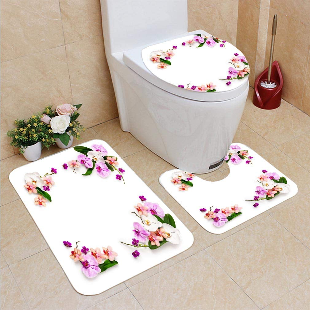 PUDMAD Frame Orchid Flowers 3 Piece Bathroom Rugs Set Bath Rug Contour ...