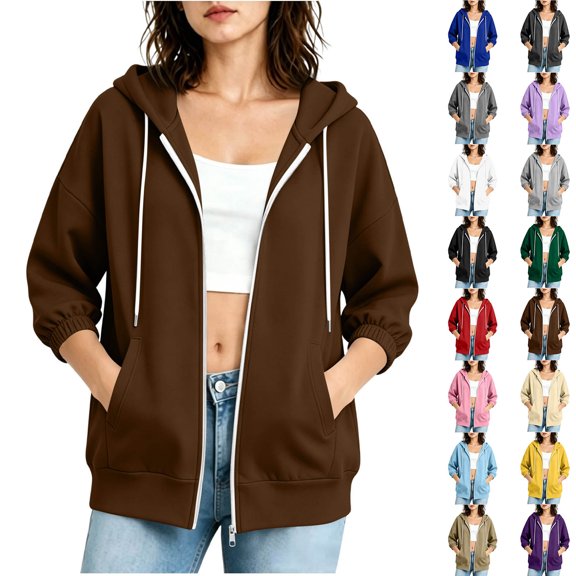 Women's Full Zip Hoodie Sweatshirt Casual Drawstring 3/4 Elastic Cuff Long Sleeve Hooded Sweatshirt with Kangaroo Pockets