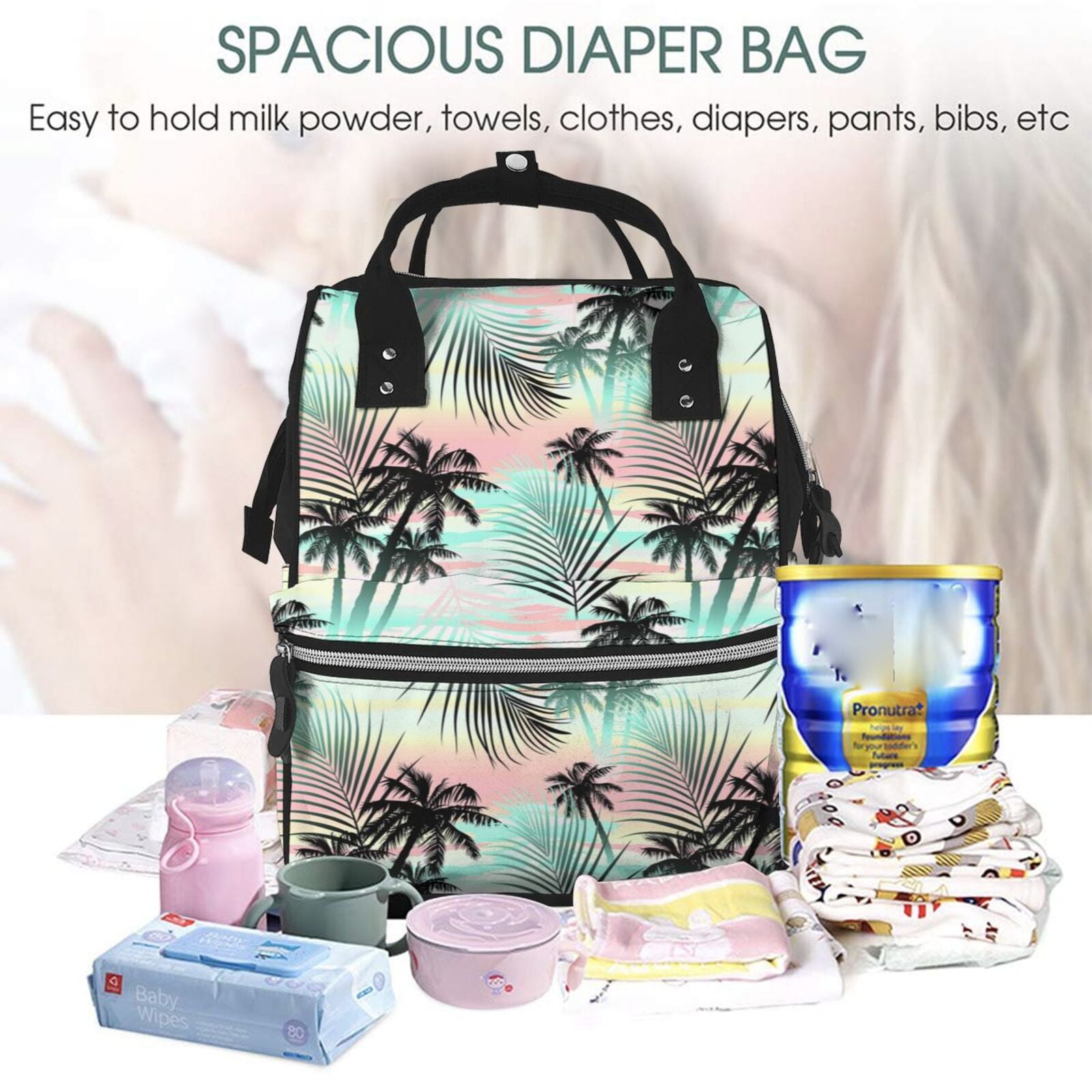 Ratiio Tropical Summer Palm Mummy Backpack - Waterproof Twill Canvas, Large Capacity Diaper Bag with Multiple Pockets and Adjustable Straps
