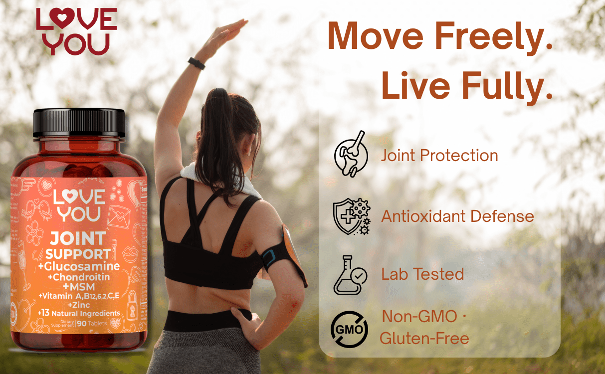 Love You Joint Support + Glucosamine + Chondroitin + Msm | Joint Support | Enhanced Cartilage | Stronger Bones | Relief for Bones | Back | Knees | Hands | 60 Tablets | 60 Serving