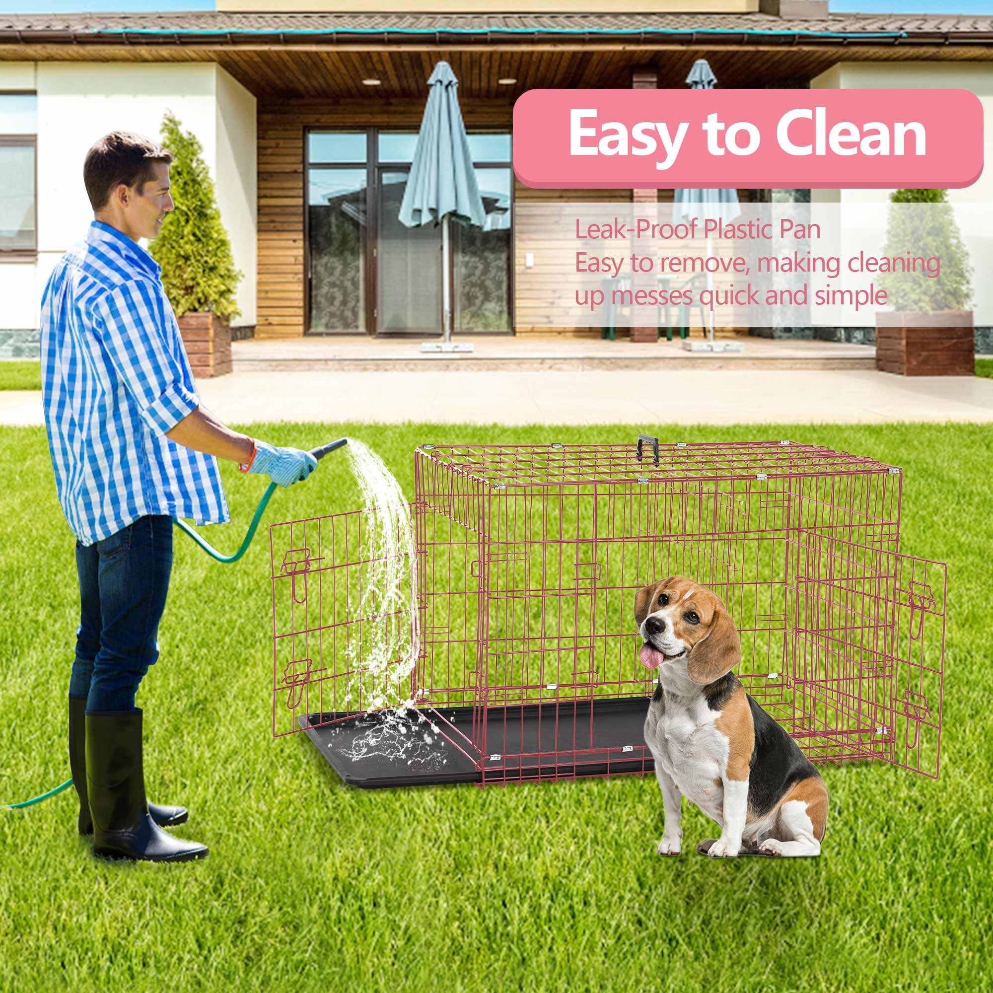 CL.HPAHKL Small Dog Crate, 30 inch Double Door Dog Cage Dog Kennel with Plastic Leak-Proof Pan Tray, Folding Metal Pet Crate for Small Dog Indoor Outdoor Travel, Pink