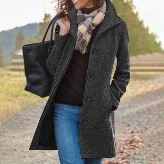 Homenesgenics Pea Coat for Women Warm Winter Long-Sleeve Pocketed Lined Coat / Top / Long-Sleeve Hoodless Casual Coat / Jacket Black L