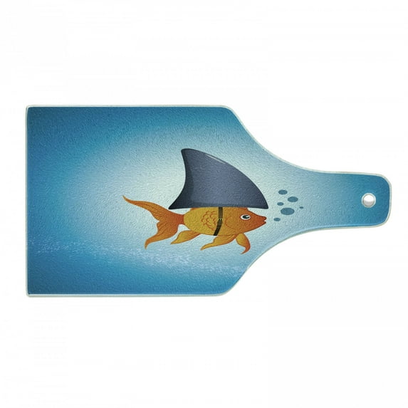 Shark Cutting Board, Little Goldfish Wearing a Shark Fin to Scare Predators Success Concept, Tempered Glass Cutting and Serving Board, Wine Bottle Shape, Violet Blue Grey Orange, by Ambesonne