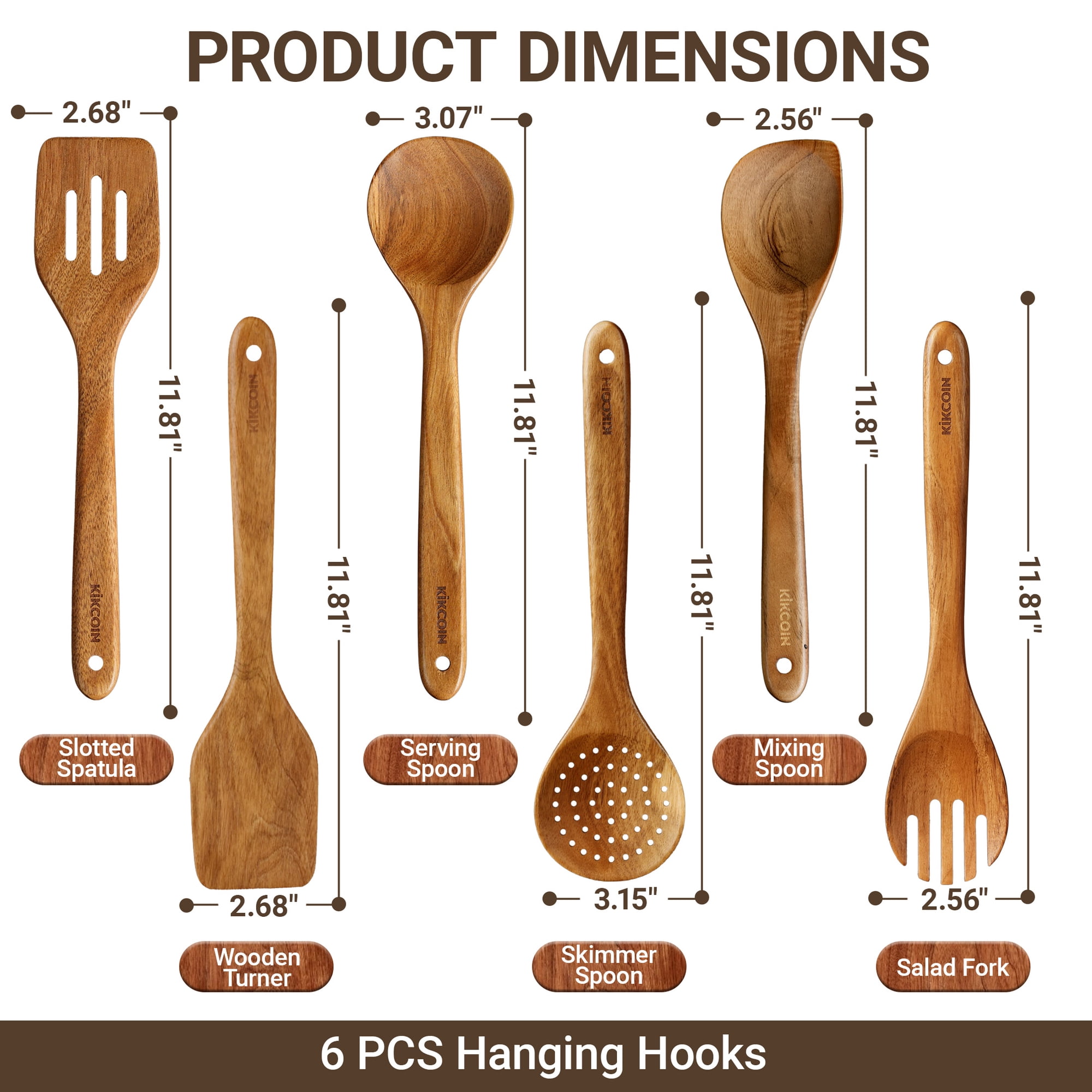 Kikcoin 6-Piece Acacia Wood Cooking Utensil Set with Hooks photo 3