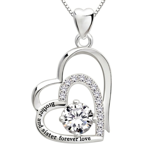 ALOV Jewelry Sterling Silver "Brother and sister forever love" Double Love Heart Cubic Zirconia Pendant Necklace