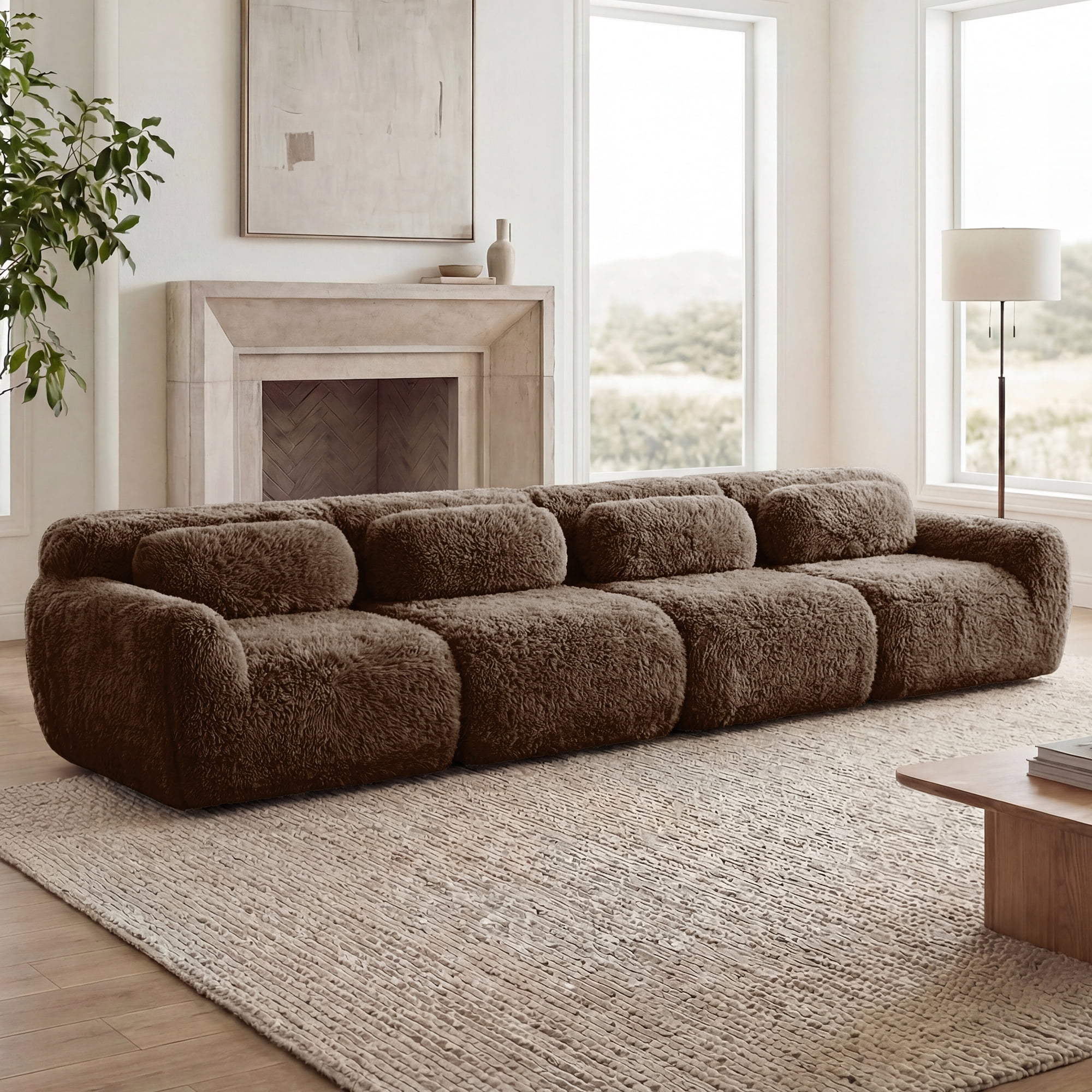 Anpport 149'' 4-Seater Modular Sectional Sofa Couches, Soft Fluffy Plush Fabric with Throw Pillows, Buckle Connection, for Study, Apartment & Bedroom, Chocolate