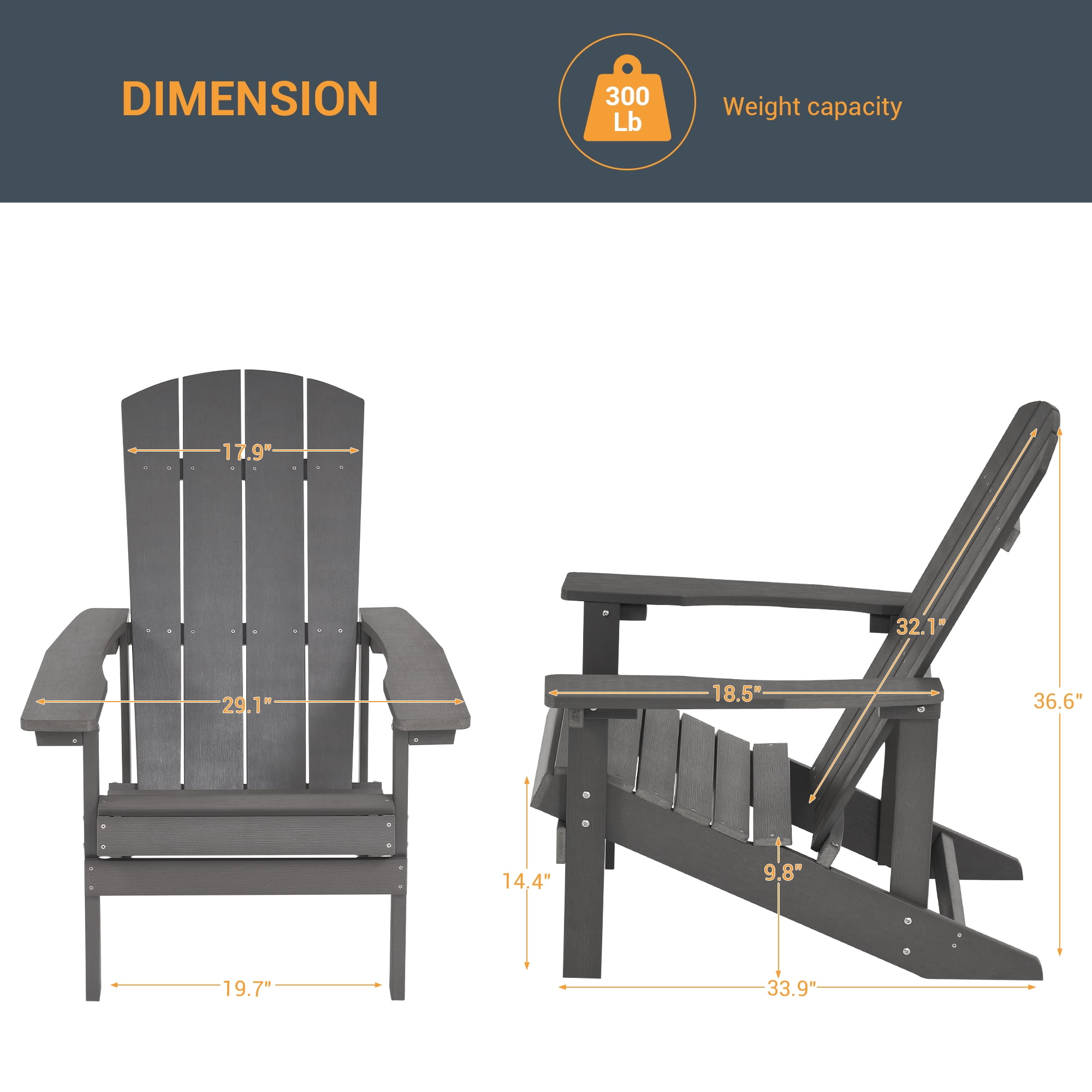 ACEGOSES Patio Adirondack Chairs Set of 4 Outdoor Plastic Single Chair 300 Lbs for Deck and Balcony Multi-Use Like Real Wood, Gray