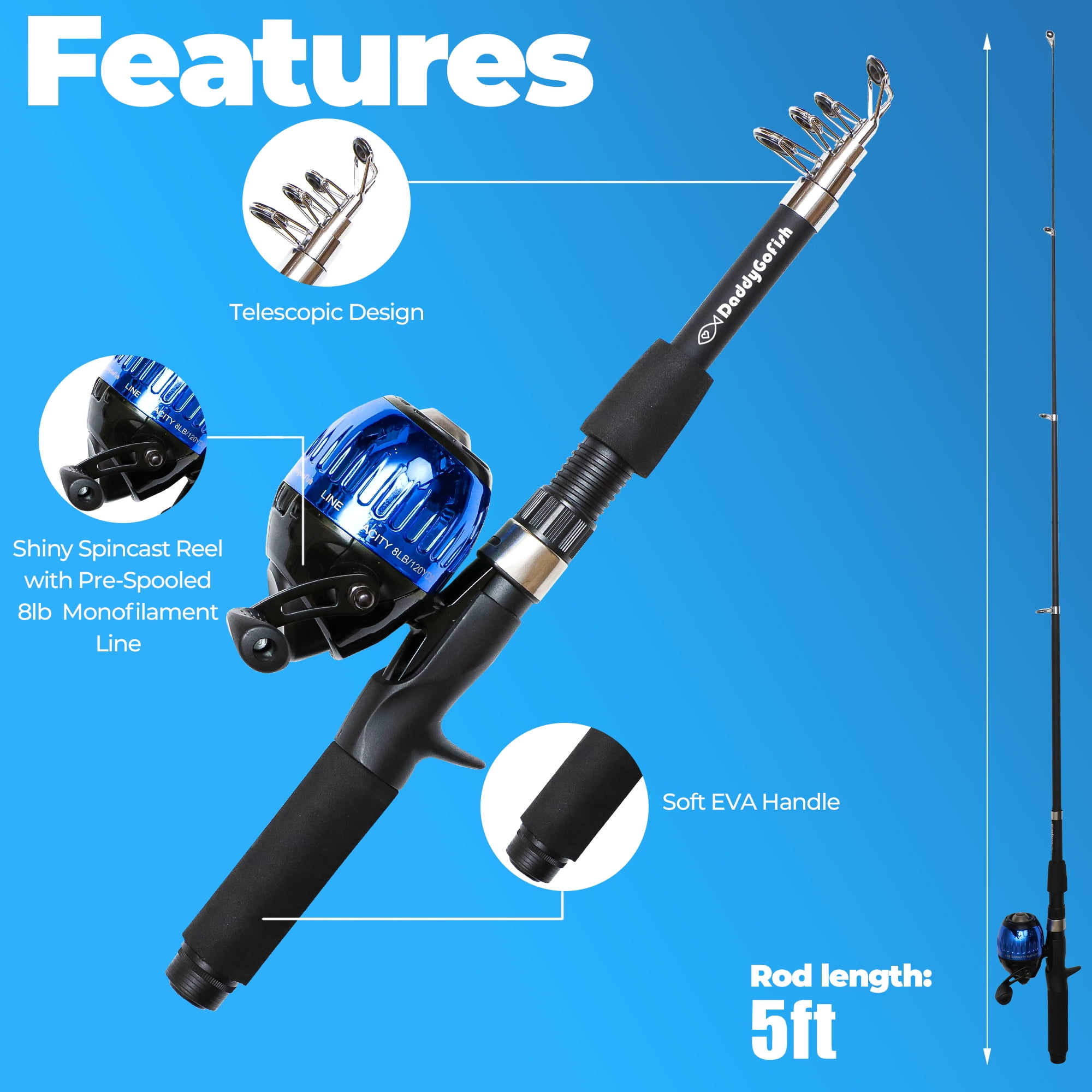 DaddyGoFish Kids Fishing Pole – Telescopic Rod & Reel Combo with Collapsible Chair, Rod Holder, Tackle Box, Bait Net and Carry Bag for Boys and Girls