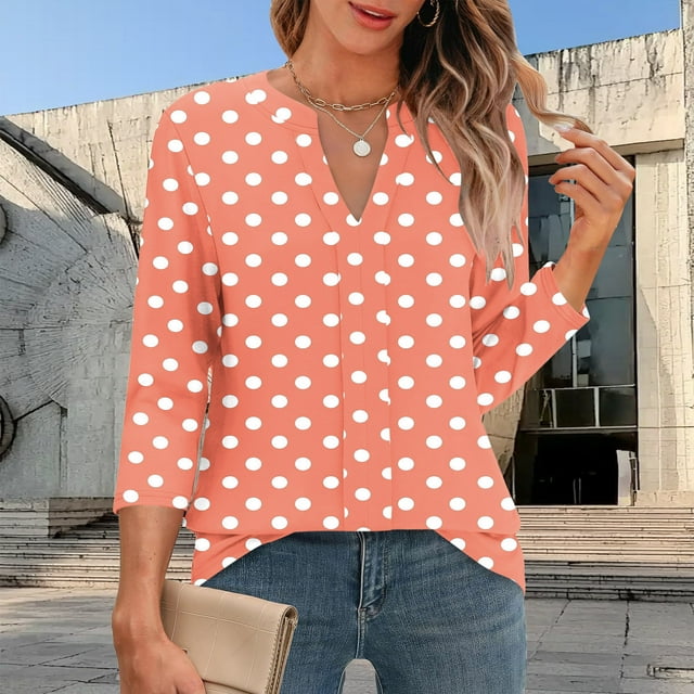 mfyjkho Tops Para Hacer Ejercicio Para Mujer, Camiseta De Manga Tres Cuartos Con Cuello En V Y Lunares De Color Liso Para Mujer Tops Para Salir Xxl