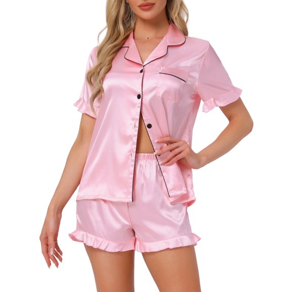 DARING DIVA Silky Short Sleeve Shorts Button Down  Satin Pajamas Set S Pink