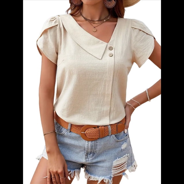 Blusas de para Mujer, Blusas Informales con Cuello para Negocios, Blusas con Mangas Abullonadas, Ropa de Trabajo Holgada de Verano. Albaricoque XL