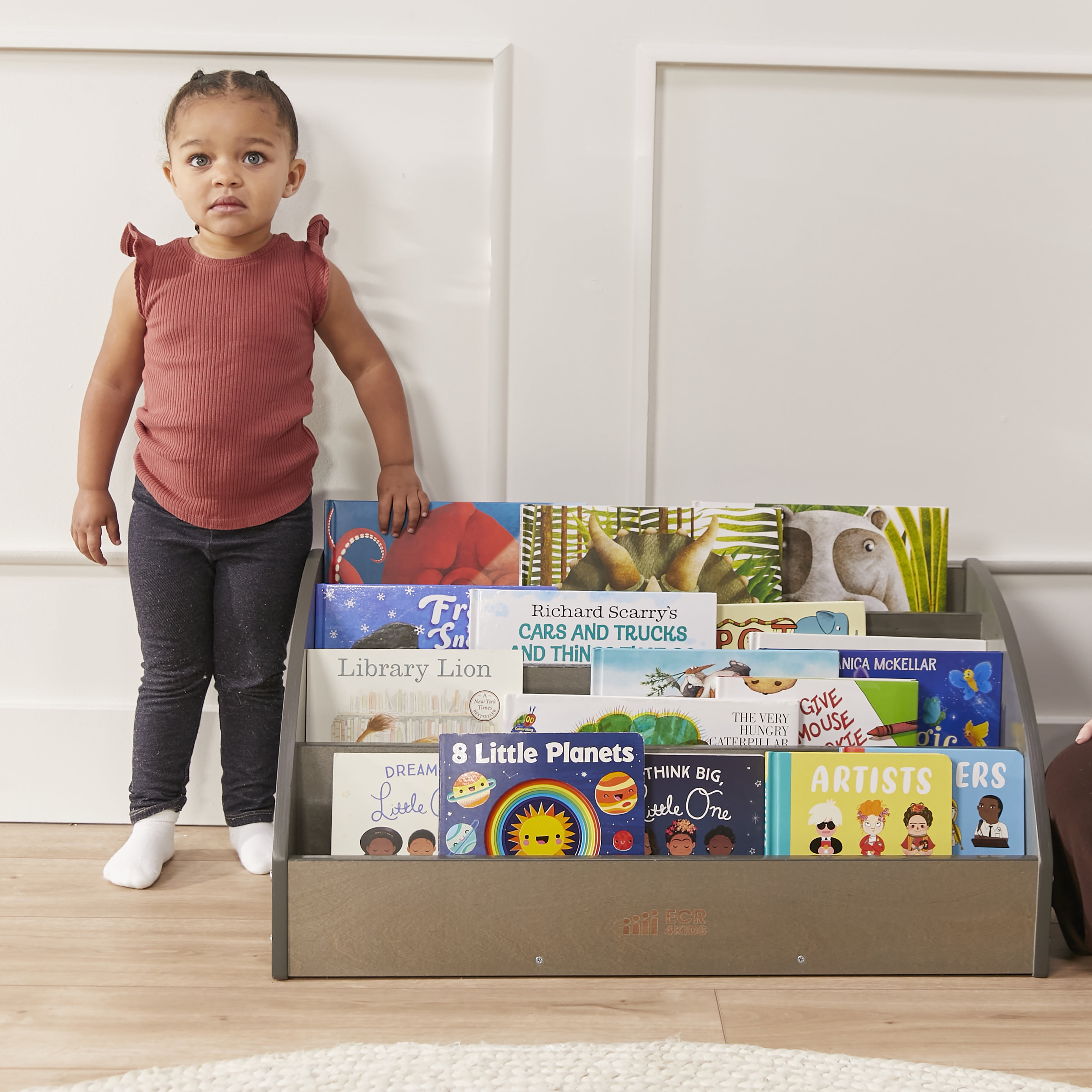 ECR4Kids Wooden Forward-Facing Toddler Book Display, Beginner Bookshelf, Grey Wash