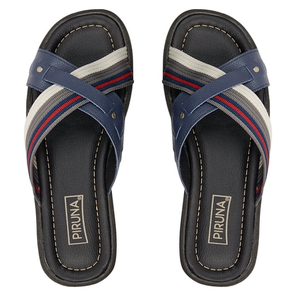 Piruna Brazilian Leather Cross Strap Slide Sandals, Wide Fit, Navy Multi