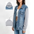 thumbnail image 5 of Otntypg Women's Splicing Hooded Jean Jacket Casual Fall Drawstring Layered Washed Long Sleeve Sweatshirt Button Down Hoodie Denim Shack Jacket with Pockets, 5 of 9