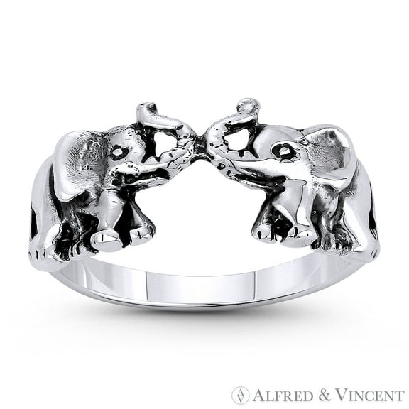 Elephant Couple Love Charm Stackable Promise Ring in Oxidized .925 Sterling Silver