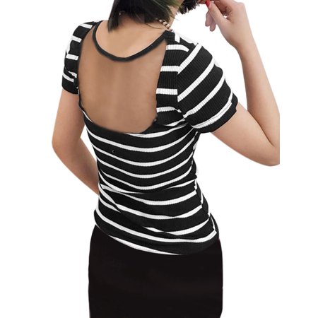 Women S Short Sleeves Square Neck Stripes Ribbed Mesh Panel Top Black Xs