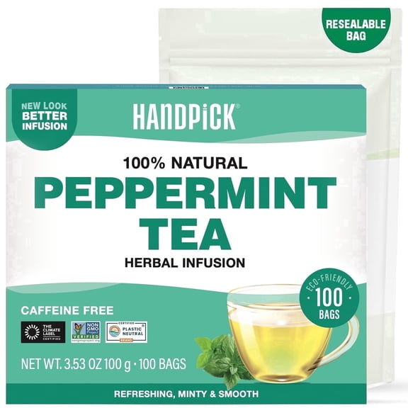 HANDPICK, Peppermint Tea, Eco-Conscious Tea Bags - 100 Count | Caffeine Free, Non-GMO | Minty, Fresh & Cool flavor | Direct from Source