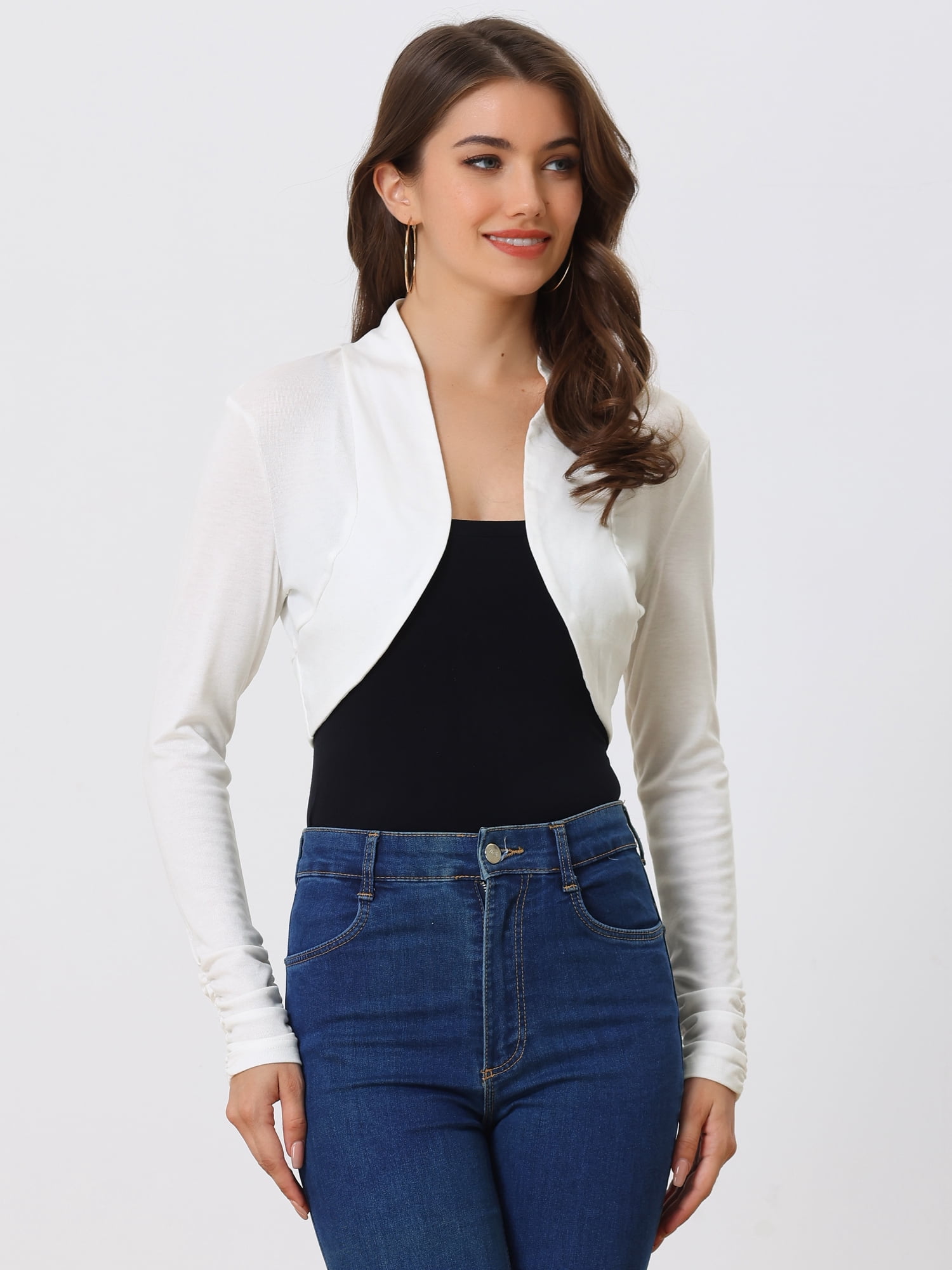 Unique Bargains Women's Bolero Shrug Top Ruched Long Sleeve Open Front Cropped Cardigan XS White