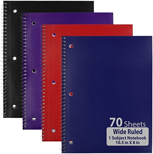 emraw single subject notebook spiral with 70 sheets of wide ruled white paper - set includes: red, black, purple, & blue covers (random 3 pack)