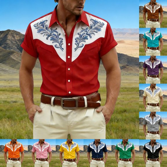 Shirts for Men Short Sleeve Western Style Print Lapel Casual Summer Top Beige L