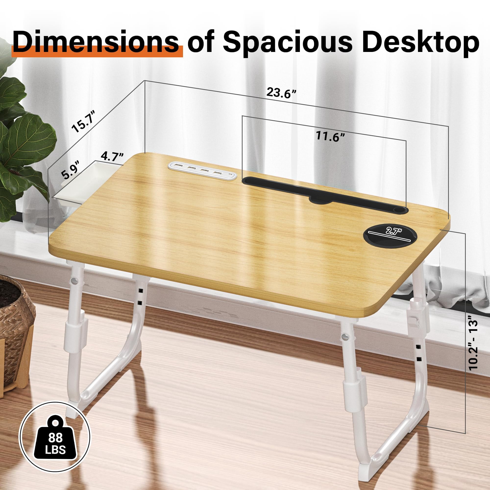 Laptop Bed Desk Height Adjustable  Table With Usb/storage Drawer/cup Holder/tablet Stand/book Shelf Foldable Breakfast Tray Portable For Reading Writing Sofa & Floor Wood