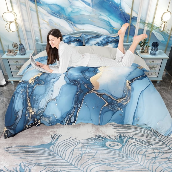 Erosebridal Blue Marble Duvet Cover Set, Gold Metalic Bedding Full, Gray Reversible, 1 Duvet Cover and 2 Pillowcases (No Comforter)