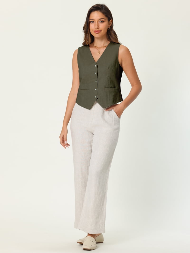 DARING DIVA Women's Linen Vest Button Down V Neck Business