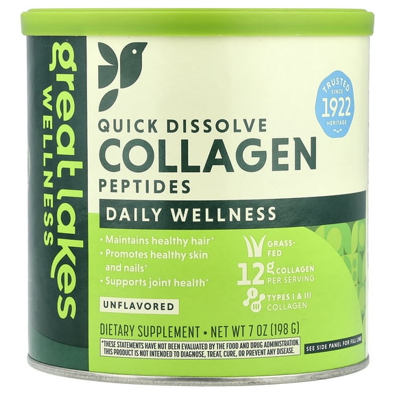 Great Lakes Wellness Quick Dissolve Collagen Peptides, Daily Wellness, Unflavored, 7 oz (198 g)