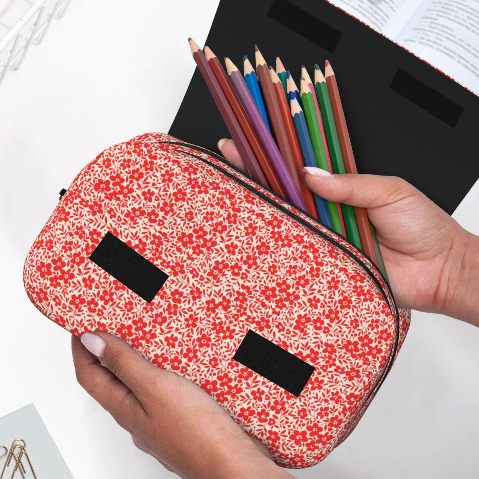 Rateoe Red Pretty Flowers Pattern Double Clamshell Pen Case, Storage Organizer with Two Zipper Compartments– Holds Up to 50 Pencils & Pens