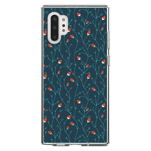 DistinctInk Clear Shockproof Hybrid Case for Galaxy Note 10 PLUS (6.8" Screen) - TPU Bumper, Acrylic Back, Tempered Glass Screen Protector - Modern Floral - Strawberry Vine - Teal Navy
