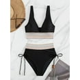 thumbnail image 3 of Women Tummy Control Swimsuits Color Block Two Piece Drawstring Bathing Suit Black XL, 3 of 5