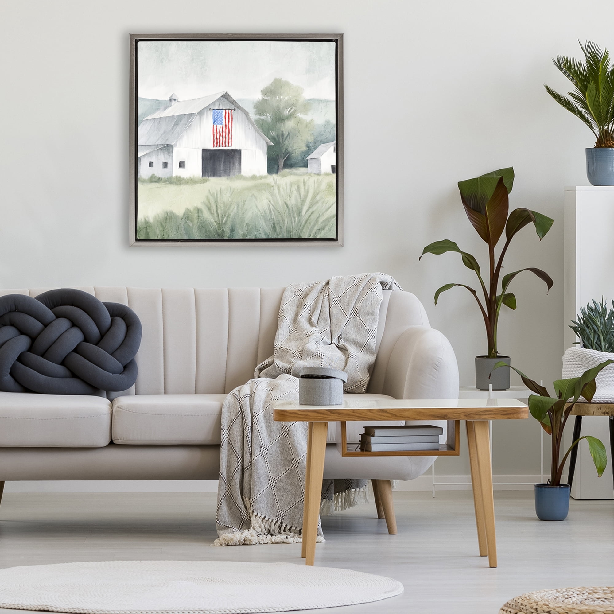 Stupell Industries Home USA Flag Barn Gray Framed Floater Canvas Wall Art, design by Kim Allen