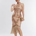 thumbnail image 4 of Lovskoo Wedding Guest Dresses for Women Evening Gown 1920 Vintage Sequin Dress Studded Tassel Halter Neck Banquet Midi Dress Sleeveless Lapel Cocktail Dresses 2023 Beige, 4 of 5