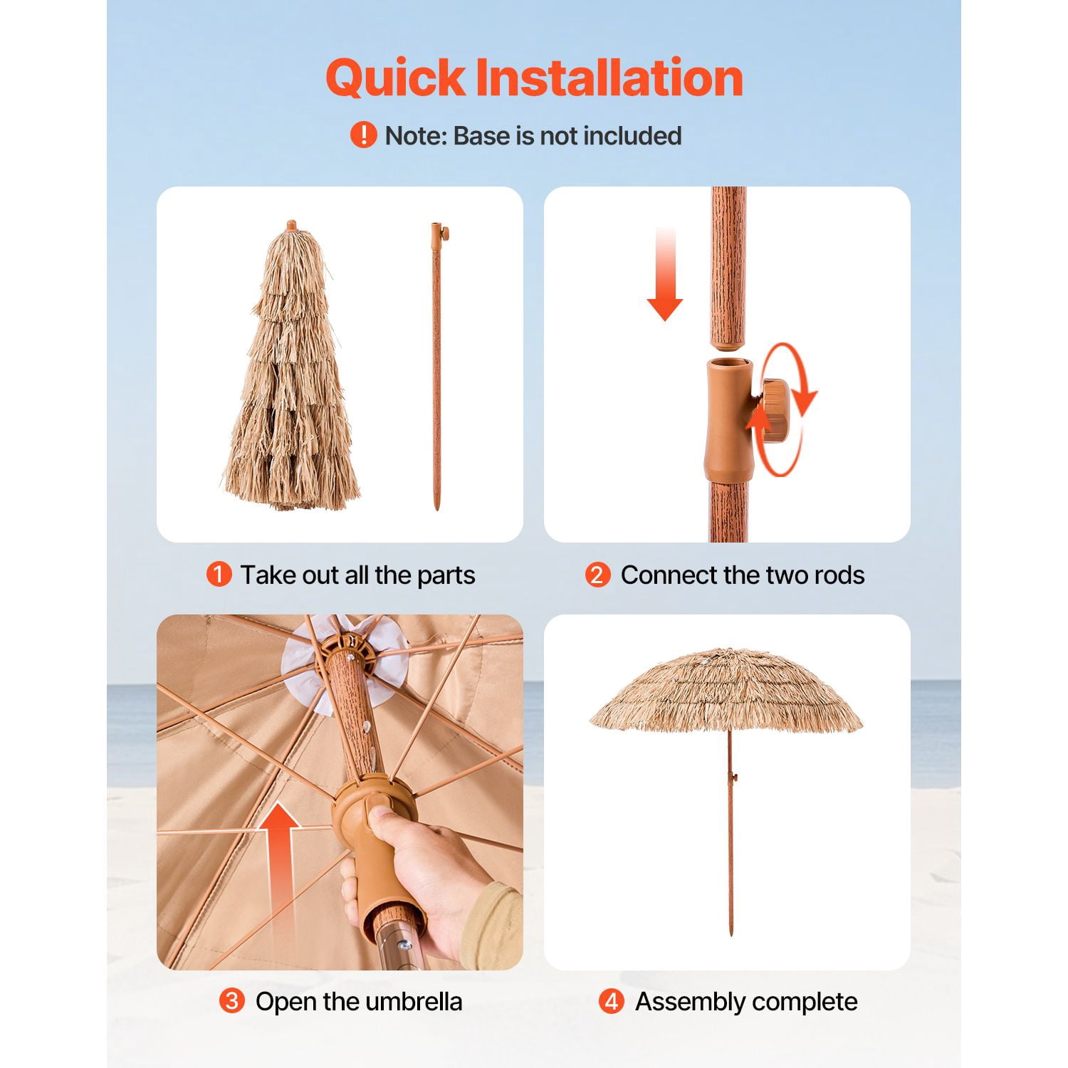 6ft Tiki Thatch Umbrella with 30° Tilt, PP Thatch & Polyester Fabric, 8 Metal Ribs, for Patio Beach Garden Outdoor Shade