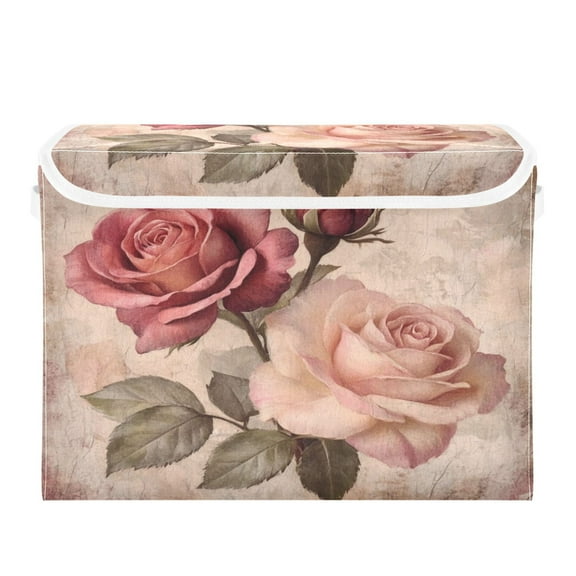 WOBOGO Vintage Rose Large Collapsible Storage Box Flip Lid Fabric Decorative Organizer Container Basket with Handles 16.5×12.6×11.8in